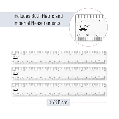 Plastic Ruler 8 Inch, 3 Pack, Clear, Metric & Imperial