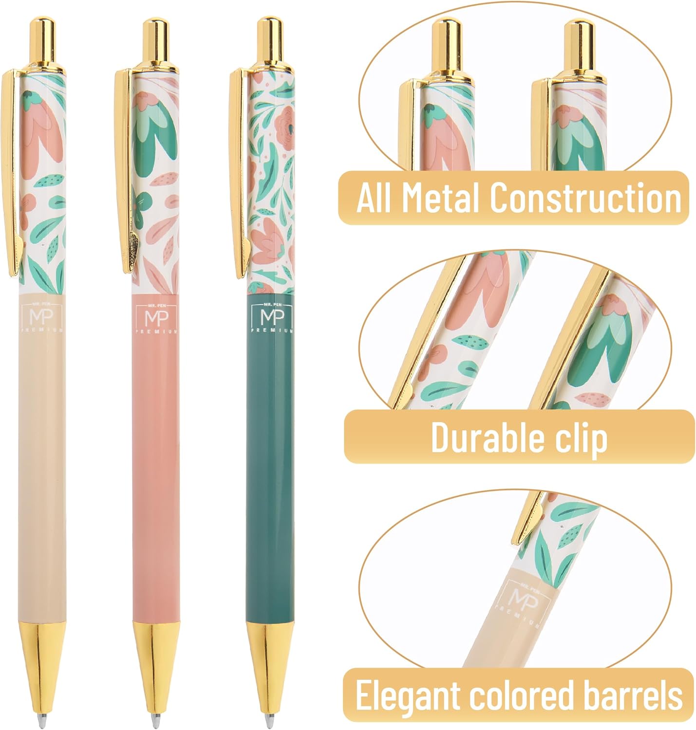 Mr. Pen- Luxury Floral Pen Set, 3 pcs, Black Ink Ballpoint Pens