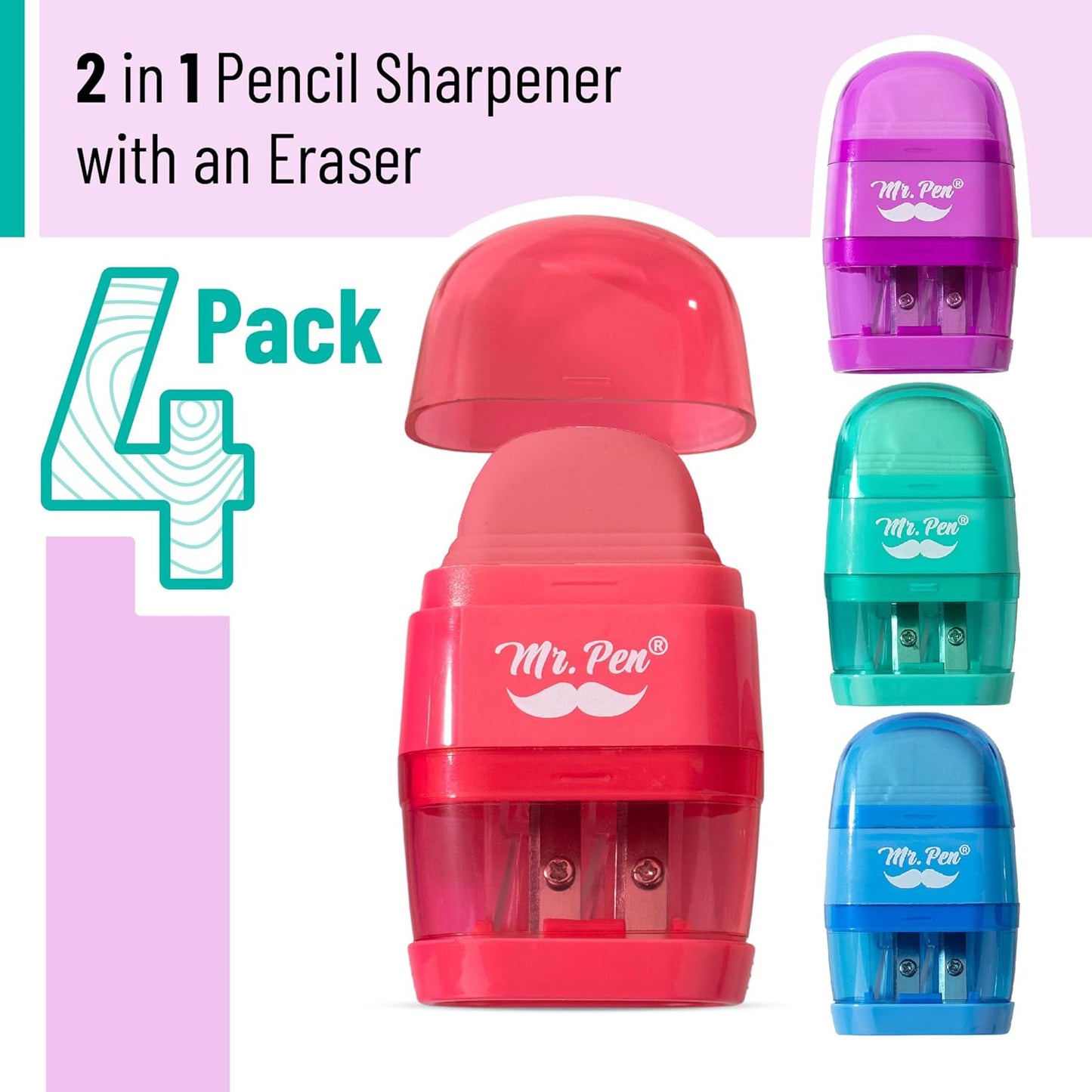 Mr. Pen- Pencil Sharpener & Eraser, 4 Pack, Colorful Erasers, 2 Sharpening Holes, Pencil Sharpeners Manual Pencil Sharpener