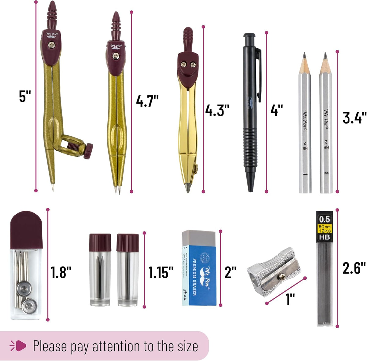 Mr. Pen- Geometry Set, 15 pcs, Golden, 6 Inch Swing Arm Protractor, Divider, Set Squares