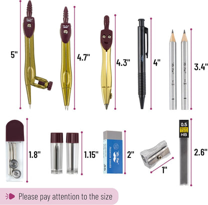 Mr. Pen- Geometry Set, 15 pcs, Golden, 6 Inch Swing Arm Protractor, Divider, Set Squares