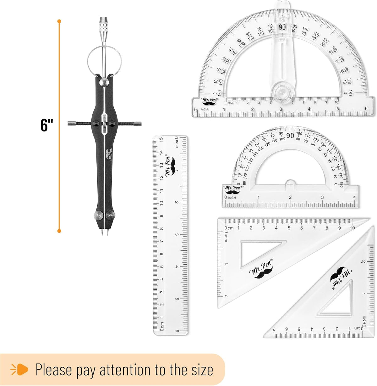 Mr. Pen- Geometry Set, 15 pcs, Black, 6 Inch Swing Arm Protractor, Divider, Set Squares, Ruler