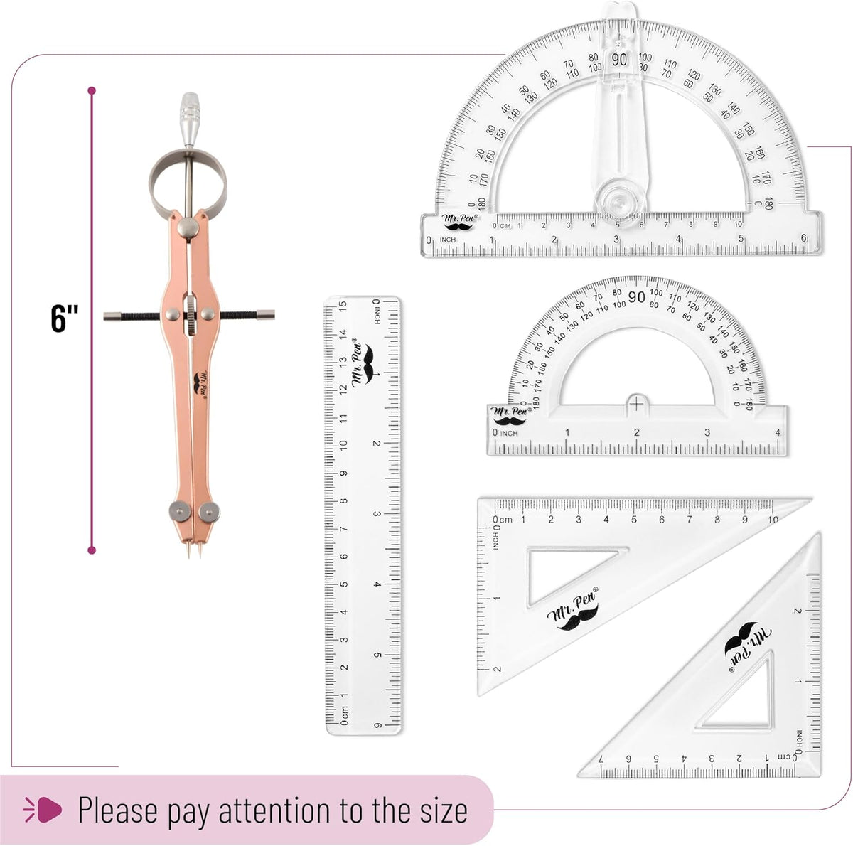 Mr. Pen- Geometry Set, 15 pcs, Rose Gold & Pink, 6 Inch Swing Arm Protractor, Divider