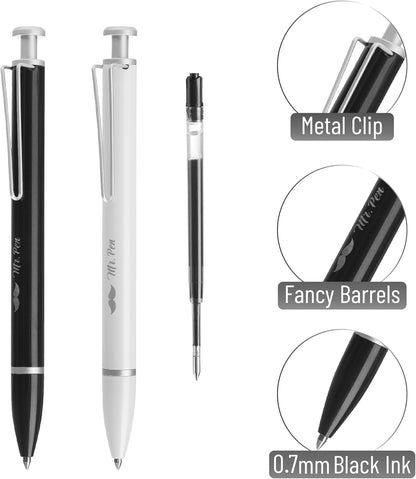 Mr. Pen- Metal Retractable Gel Pen, 2 Pack, 2 Refills, Black & White, Black Ink, Metal Barrel Gel Pens Fine Point 0.7mm, Retractable Pens