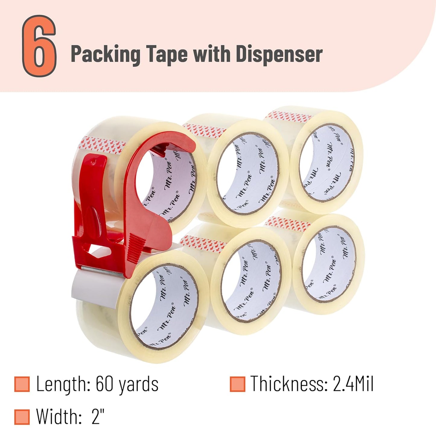 Packing Tape 2” x 60 Yards, 6 Pack + Dispenser Gun, 2.5 Mil