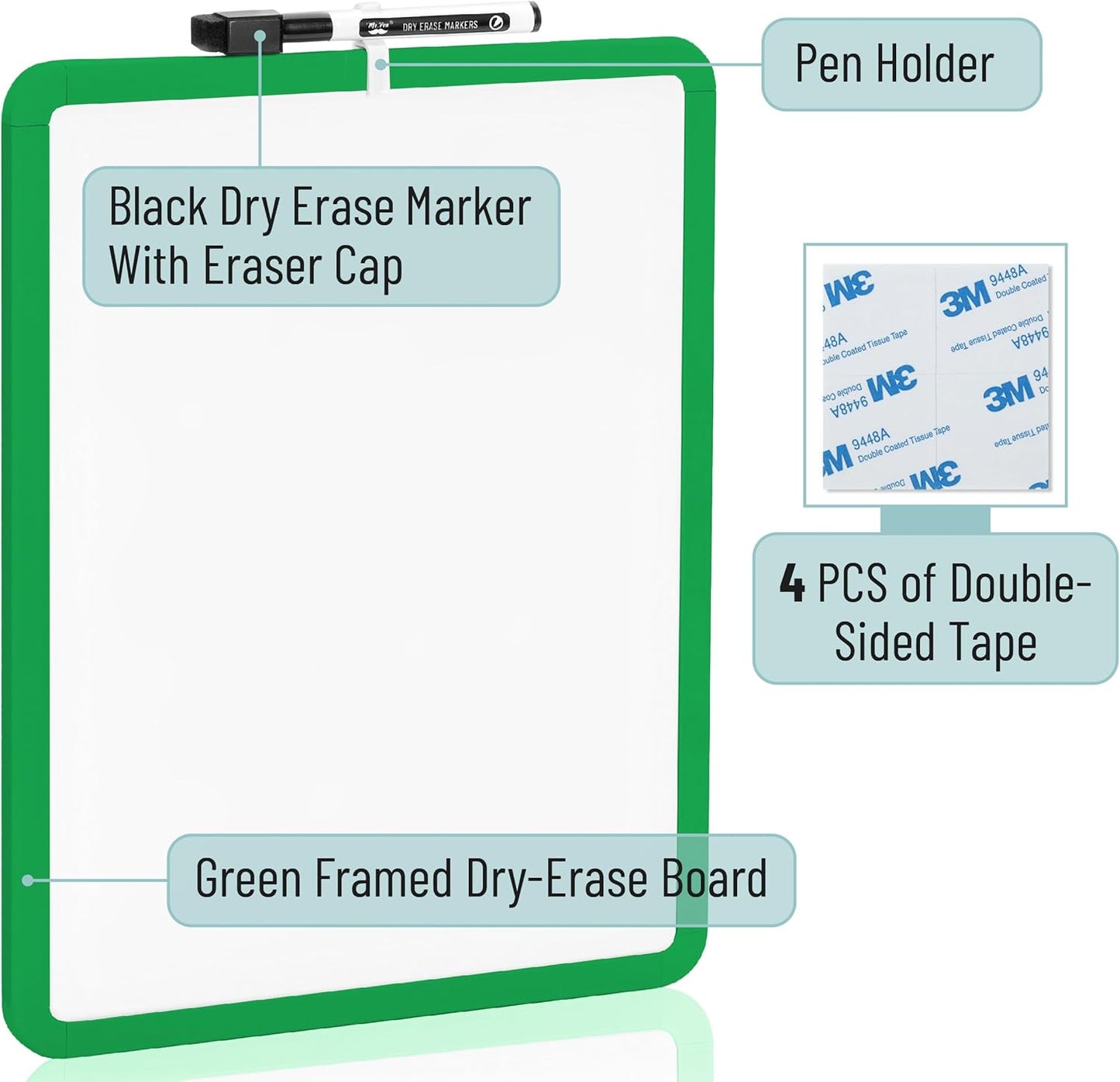 Mr. Pen- Dry Erase Board, 14” x 11” with a Black Dry Erase Marker, Green Frame, Small White Board