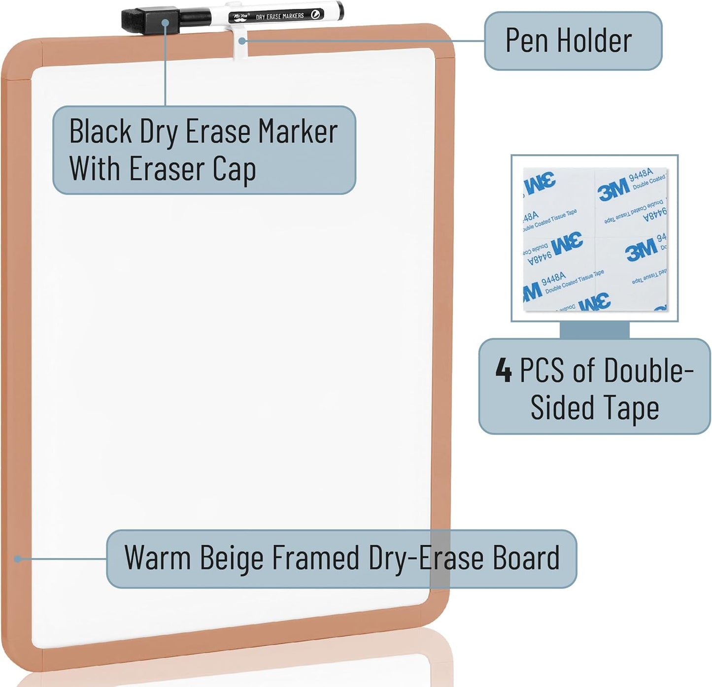 Mr. Pen- Dry Erase Board, 14” x 11” with a Black Dry Erase Marker, Sandstone Color Frame