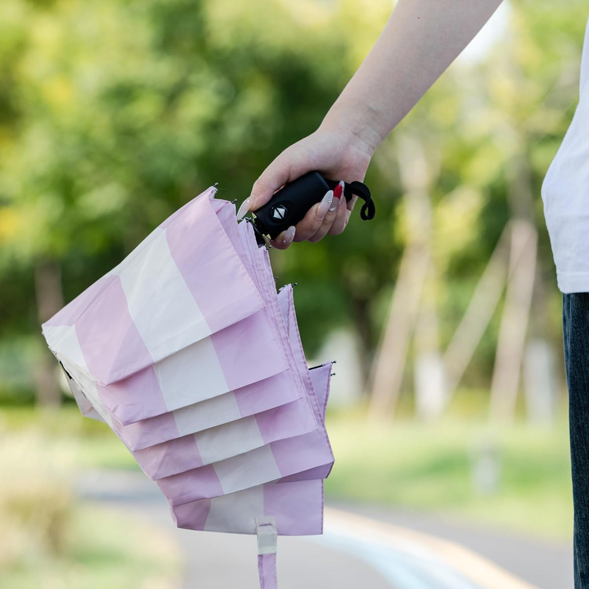 Mr. Pen- Windproof Travel Umbrella, Pink Stripes, Automatic Umbrellas for Rain, Compact Umbrella