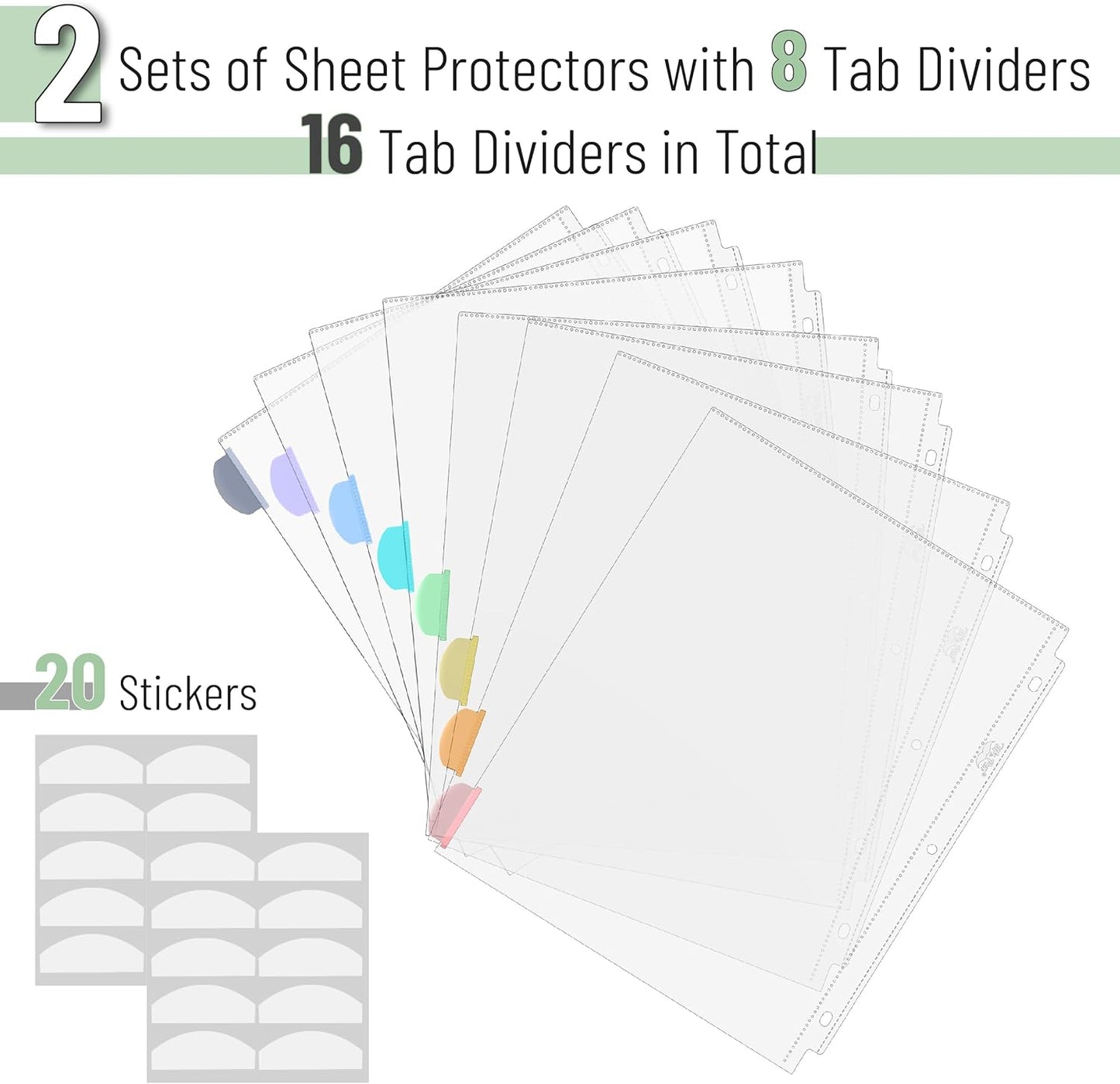 Mr. Pen- Clear Sheet Protectors with Binder Tabs, 8 Tabs, 2 Sets, Pastel,