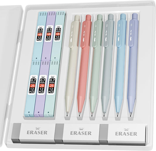 Pastel Mechanical Pencil Set with Lead Refills & Erasers, 6 Pack, 2 Sizes, 0.5 & 0.7mm, Aesthetic Mechanical Pencils Set, Pastel Mechanical Pencils, Cute Mechanical Pencils Cute