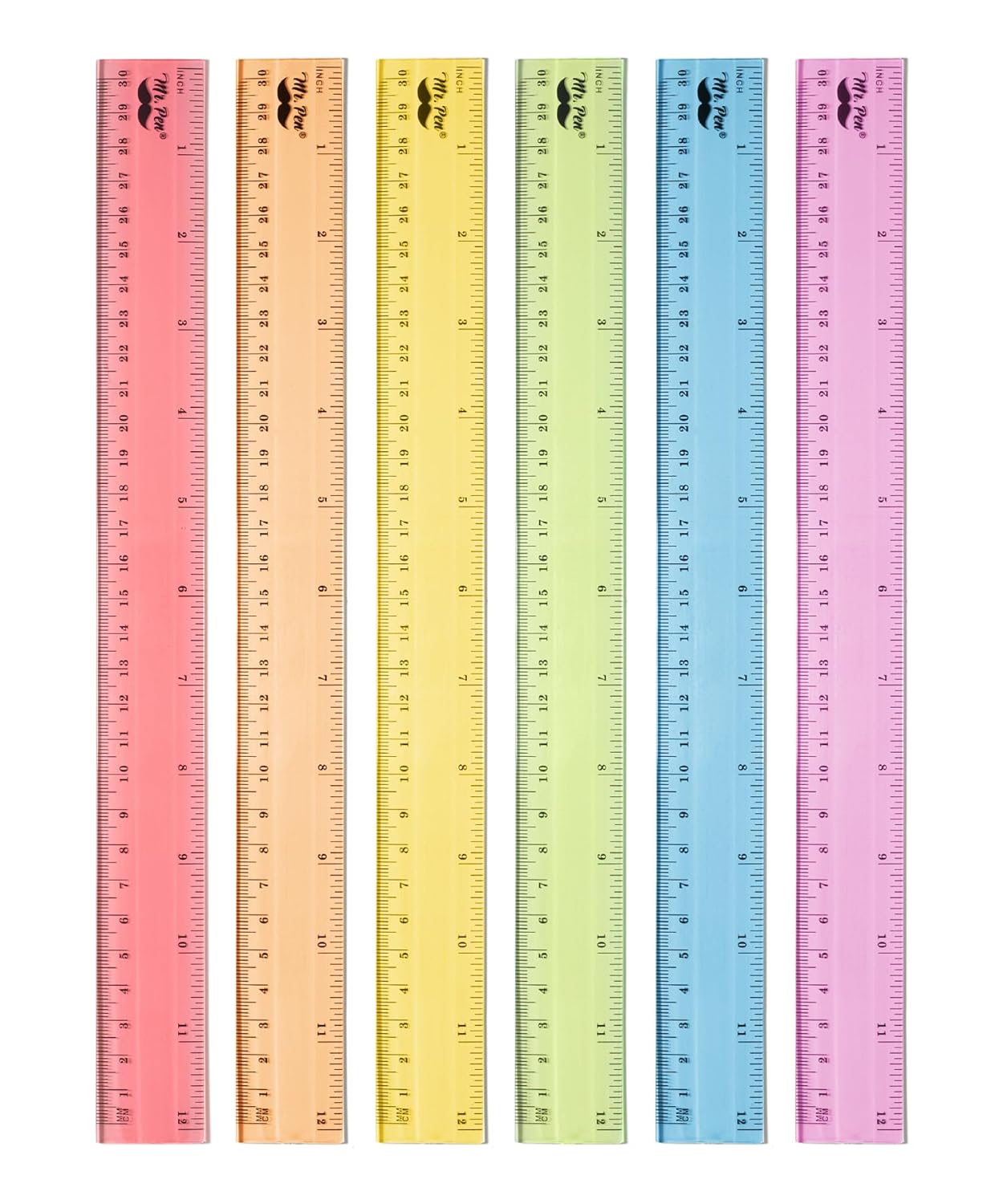 Mr. Pen- Plastic Rulers, 12 Inch, 6 Pack, Pastel Colors, Metric & Imperial, Clear Ruler Set, Cute Ruler 12 Inch