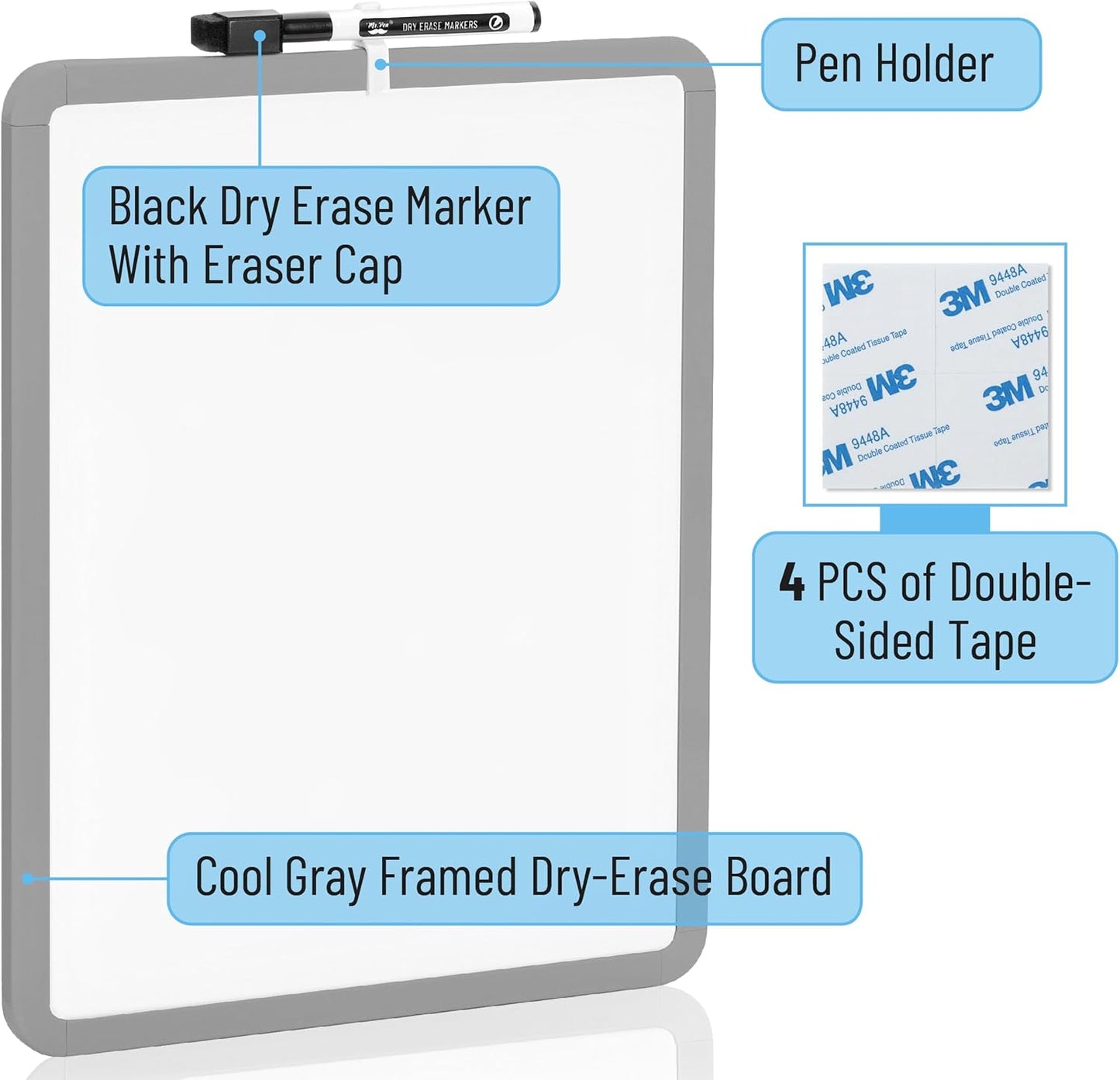 Mr. Pen- Dry Erase Board, 14” x 11” with a Black Dry Erase Marker, Gray Frame