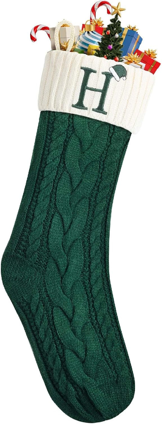 Mr. Pen- Christmas Stockings with Initials, 18", Letter H, Green and White, Cable Knit Stockings for Christmas, Cable Knit Christmas Stocking for Christmas