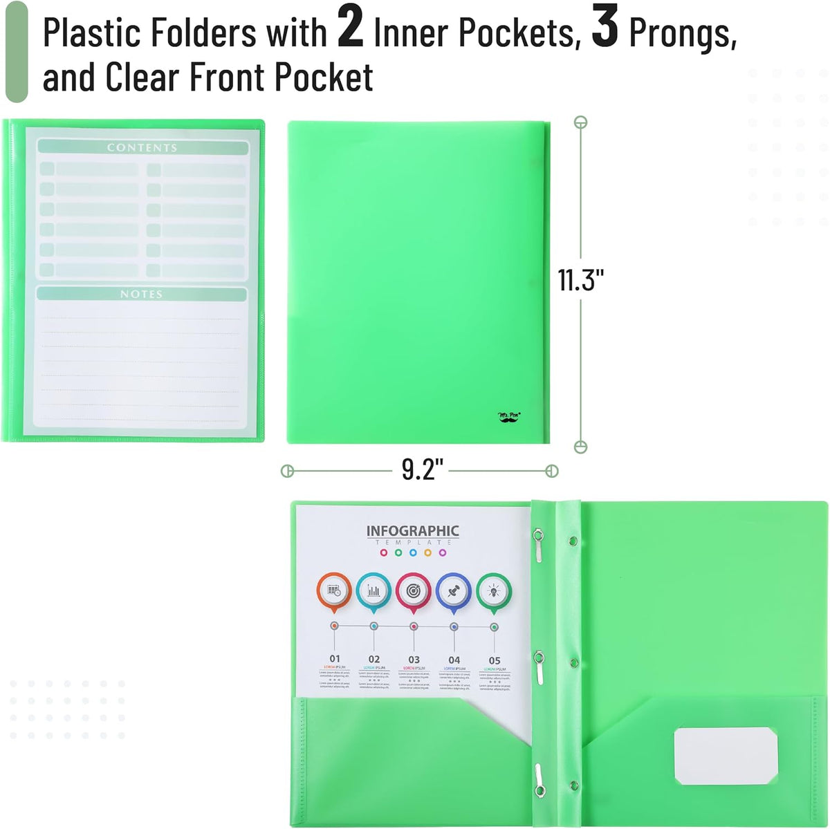 Mr. Pen- Plastic Folders with Pockets and Prongs, 24 Pack, Letter Size, Green, Flexible Plastic Folders with Prongs