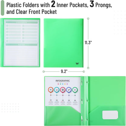 Mr. Pen- Plastic Folders with Pockets and Prongs, 24 Pack, Letter Size, Green, Flexible Plastic Folders with Prongs