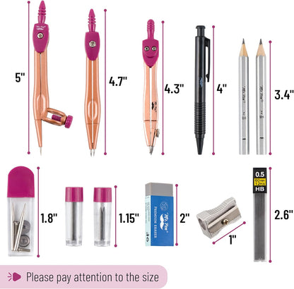 Mr. Pen- Geometry Set, 15 pcs, Rose Gold & Pink, 6 Inch Swing Arm Protractor, Divider