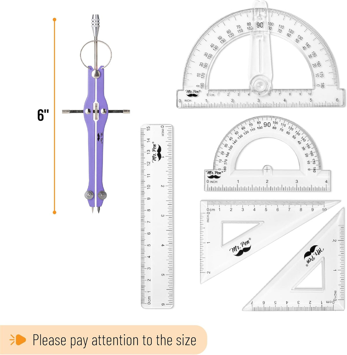Mr. Pen- Geometry Set, 15 pcs, Purple, 6 Inch Swing Arm Protractor, Divider, Set Squares, Ruler