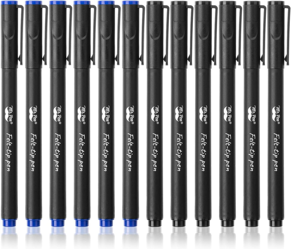 Mr. Pen- Felt Tip Pens, Pack of 12, Black & Blue, Fast Dry, Fine Point Pens Black Felt Tip Pens