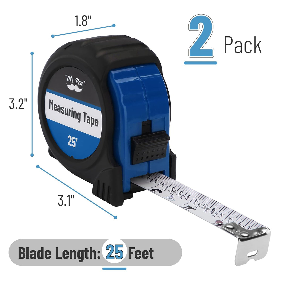 Mr. Pen- Retractable Tape Measure 25 ft, 2 Pack, Dark Blue, Steel Retractable Measuring Tape with Fractions