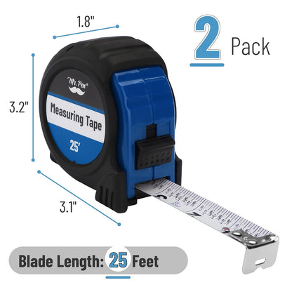 Mr. Pen- Retractable Tape Measure 25 ft, 2 Pack, Dark Blue, Steel Retractable Measuring Tape with Fractions