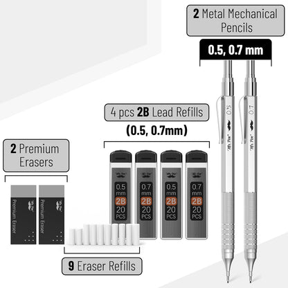 Metal Mechanical Pencil Set, 2 Sizes, 0.5 & 0.7mm, Mechanical Pencils, Sketching Pencils, Drafting Pencil, Mechanical Pencil Metal, Lead Pencils, Mechanical Pencil Set