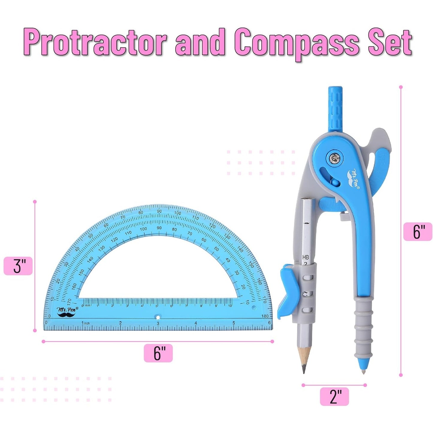 Bulk Compass and Protractor Set, 12 Sets, Colorful, Classroom