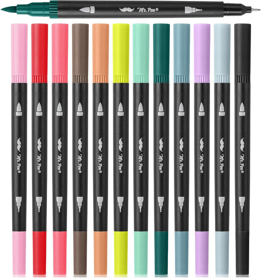 Dual Tip Brush Markers, 12 Pack, Muted Colors, Fine + Brush Tip