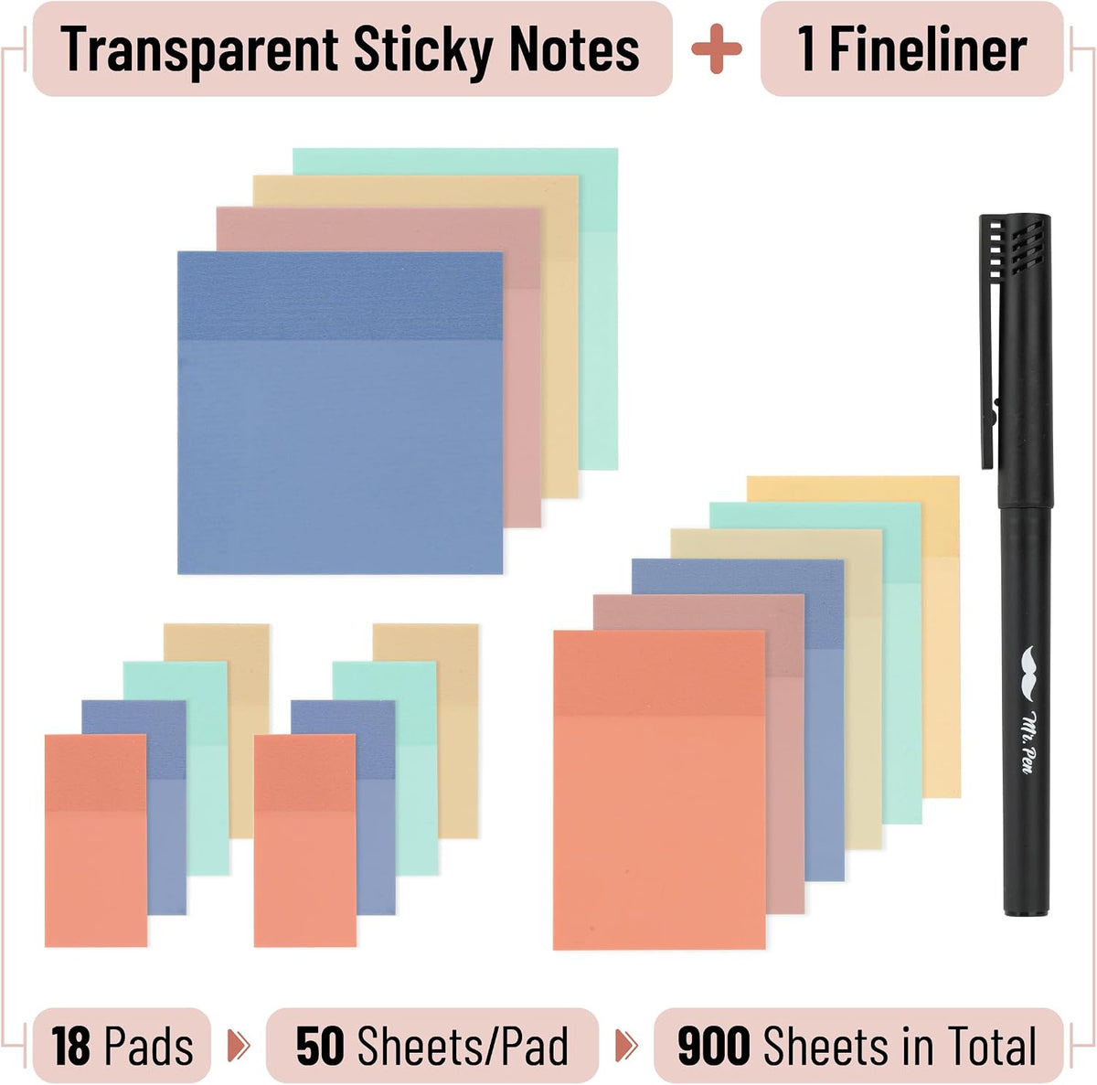 Mr. Pen- Transparent Sticky Notes, 18 Pads, 900 Sheets with Pen