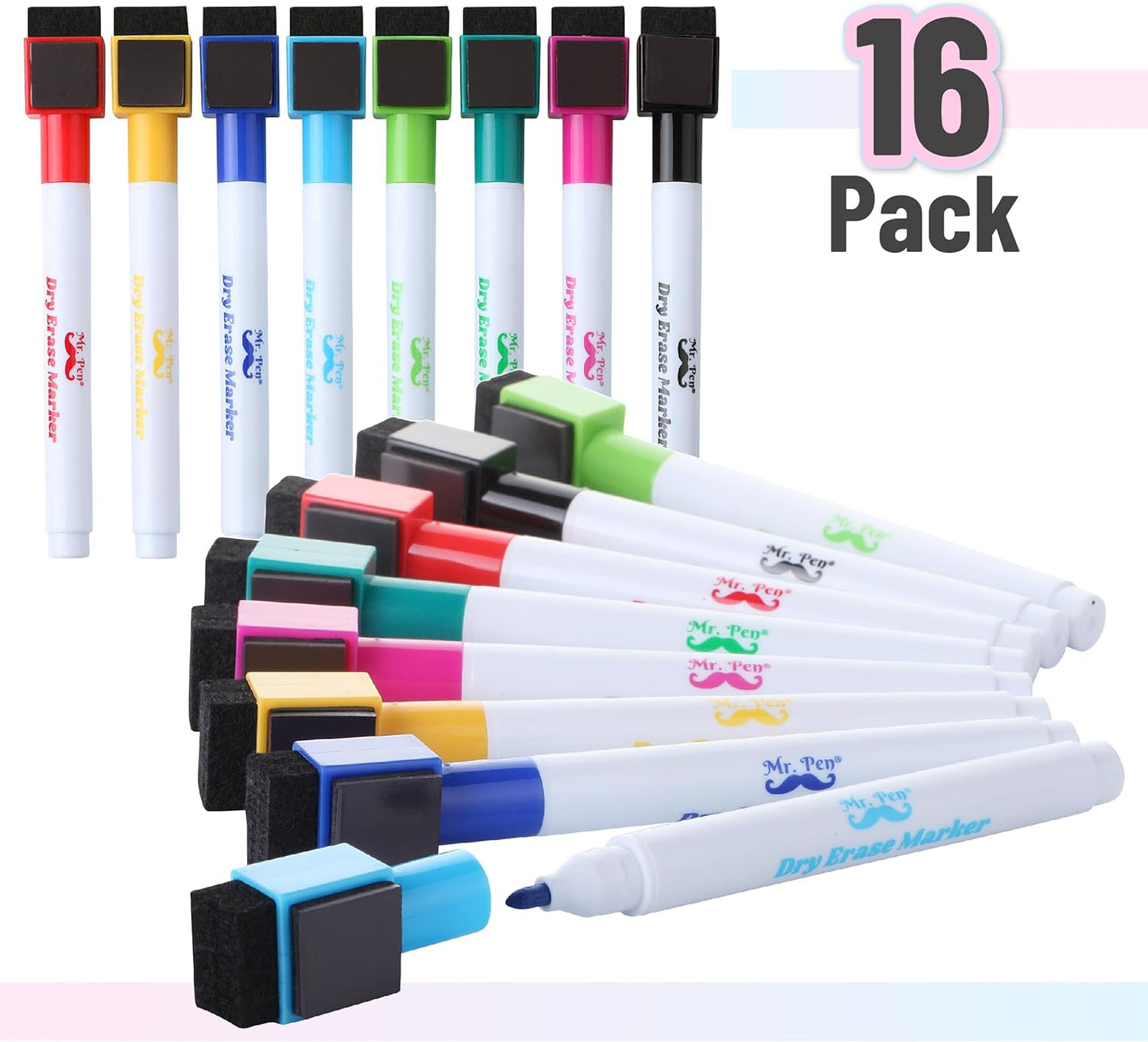 Mr. Pen- Dry Erase Markers with Eraser Cap, 16 Pack with 1 Whiteboard Eraser, Fine Tip