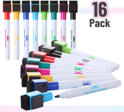 Mr. Pen- Dry Erase Markers with Eraser Cap, 16 Pack with 1 Whiteboard Eraser, Fine Tip