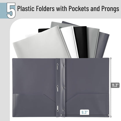 Mr. Pen- Plastic Folders with Pockets and Prongs, 5 Pack, Letter Size, Flexible Plastic Folders with Prongs