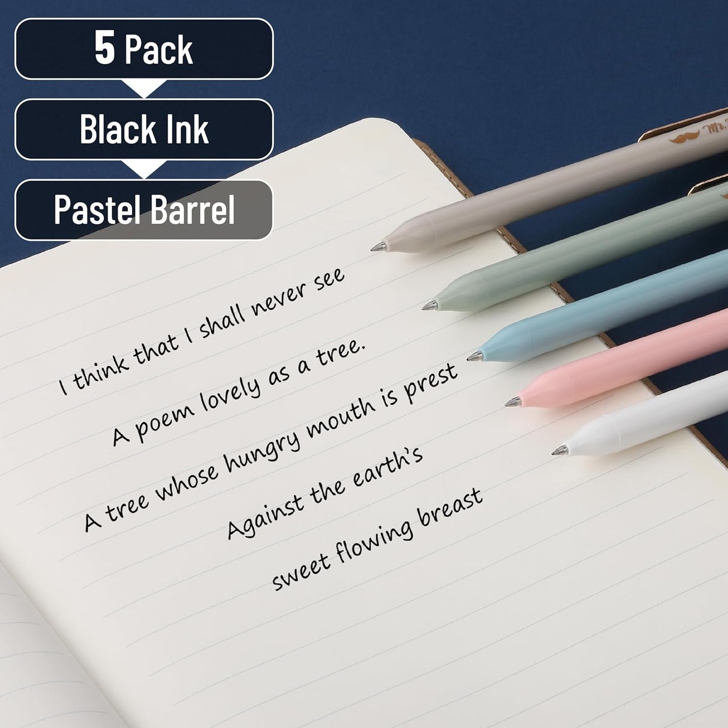 Mr. Pen- Retractable Gel Pens, 5 Pack, Black Ink Gel Pens Fine Point 0.5mm, Pastel Color Barrels with Gold Clips