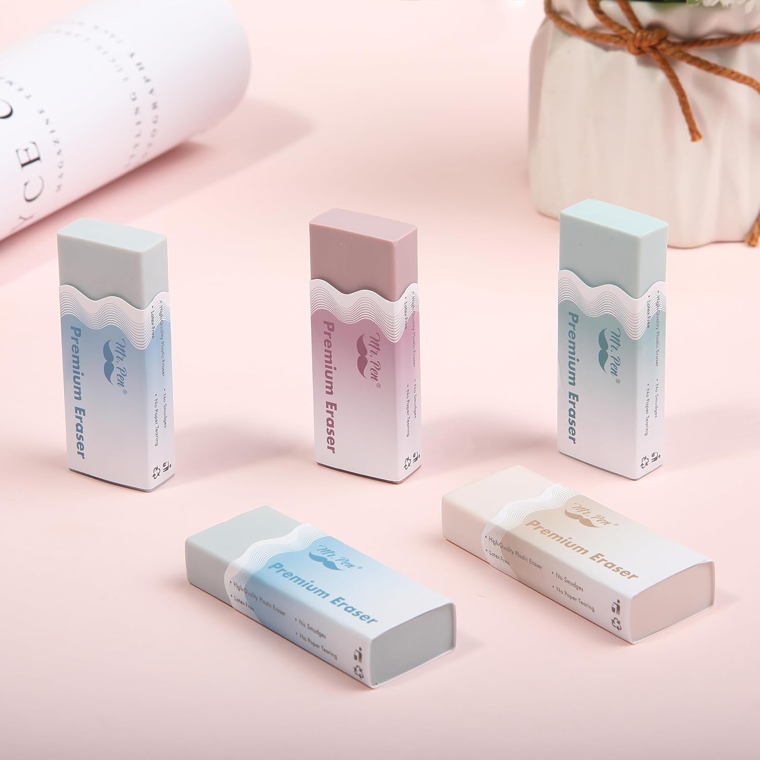 Mr. Pen Erasers, 10 Pack, Wavy Sleeve Pencil Eraser, Morandi Colors,