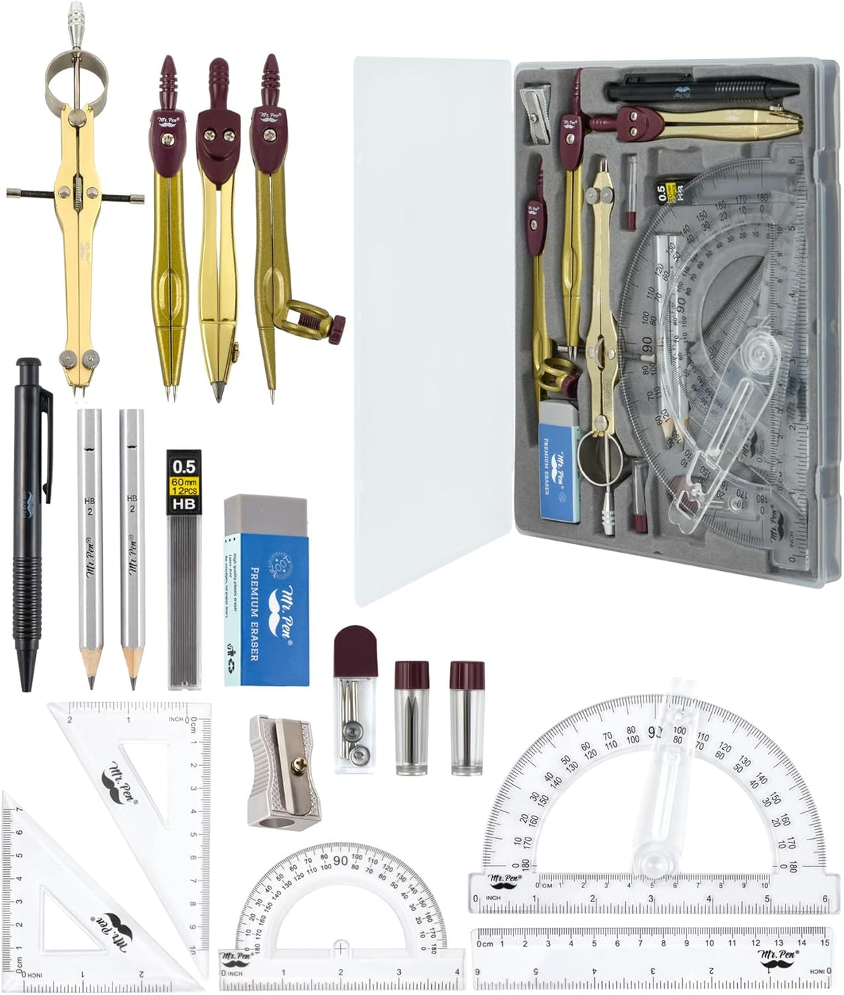 Mr. Pen- Geometry Set, 15 pcs, Golden, 6 Inch Swing Arm Protractor, Divider, Set Squares