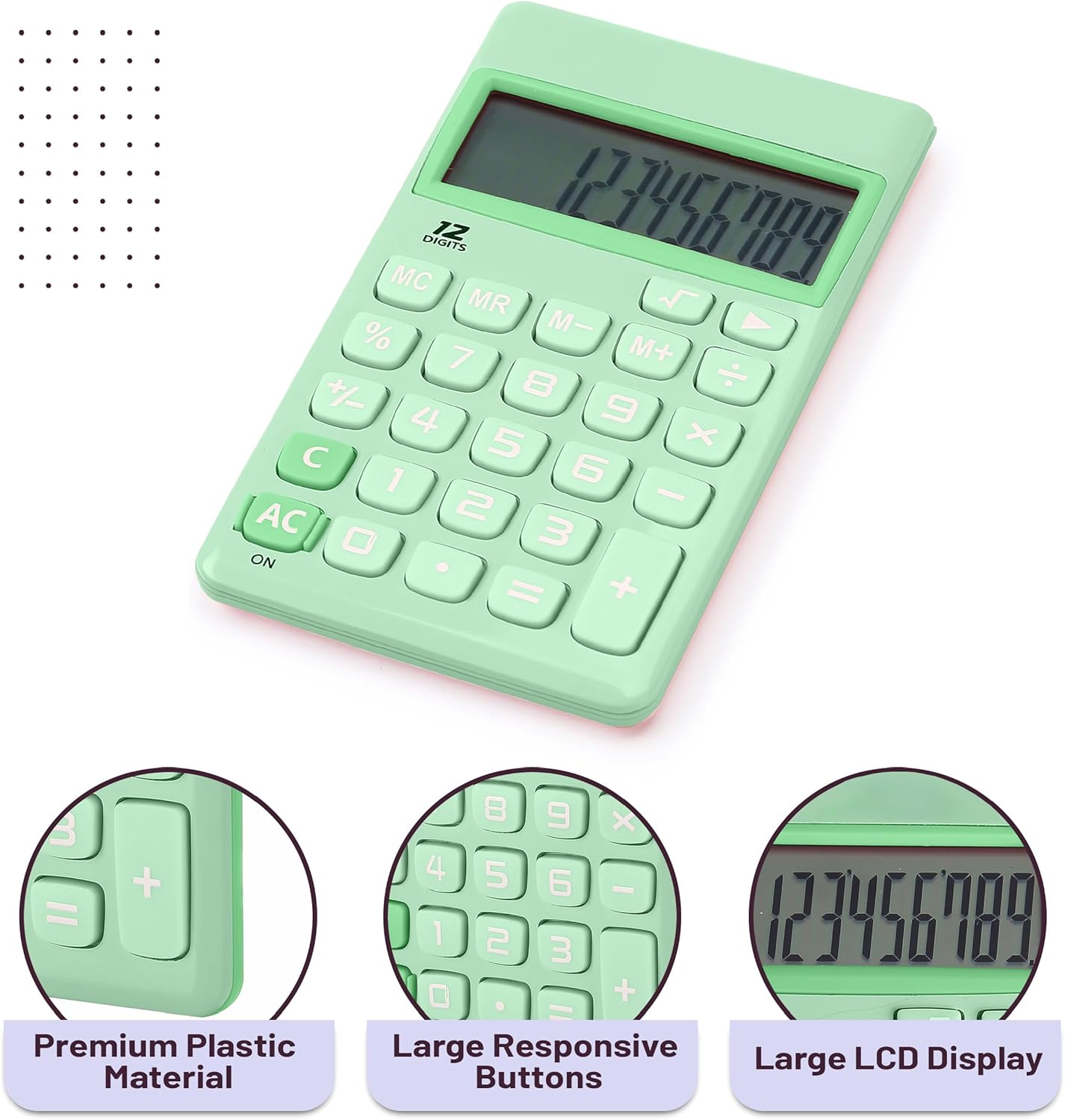Simple Calculator, 12-Digit, Pastel Green, Solar, Handheld
