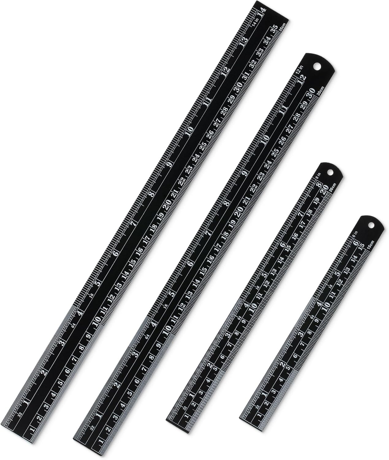 Mr. Pen- Stainless Steel Ruler, 4 pcs, 6", 8", 12", 14", Black, Imperial & Metric Measurements