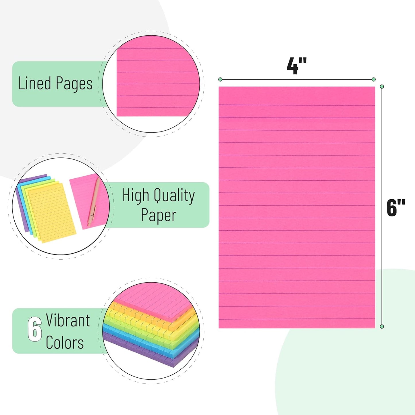 Lined Sticky Notes 4x6, 6 Pads, 360 Sheets, Assorted Colors