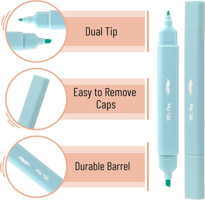 Mr. Pen- Aesthetic Dual Tip Bible Highlighters, No Bleed Through Assorted Color, 8pcs, Cute Highlighter Dual Tip for Journaling Supplies and School Accessories