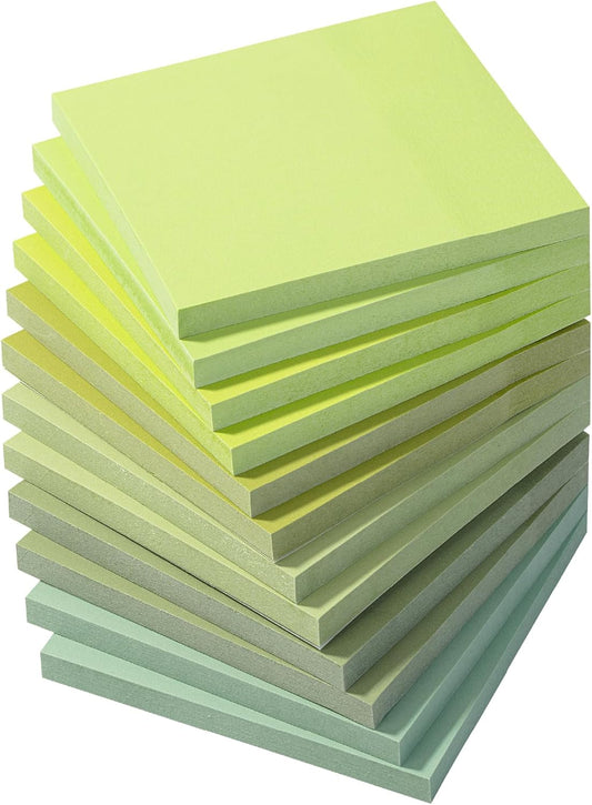 Green Sticky Notes 3x3 Inch, 12 Pads, 600 Sheets, Shades of Green