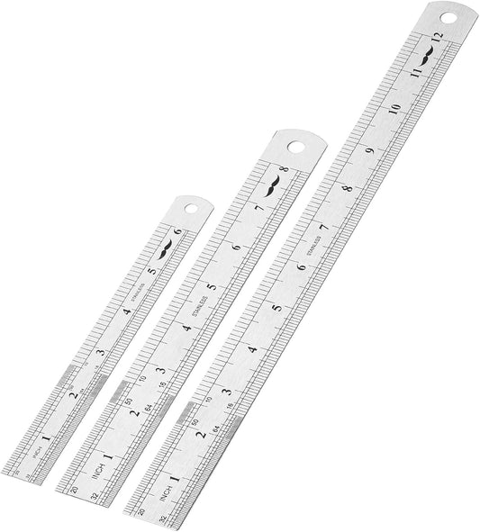 Stainless Steel Rulers Set, 3 Pack, 6” 8” 12”, Thin Metal