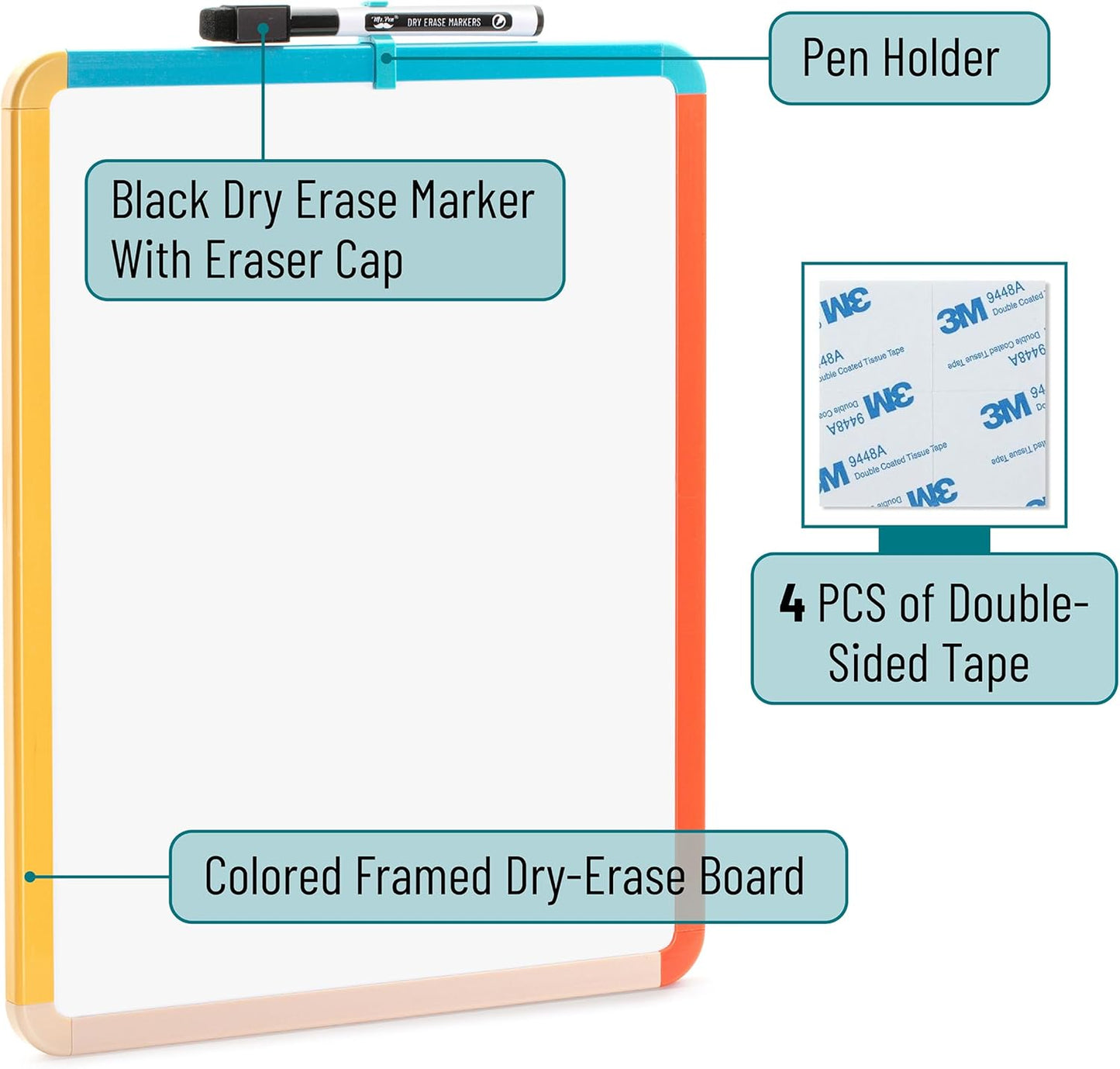 Dry Erase Board, 14” x 11” with a Black Dry Erase Marker, Colorful Frame, Small White Board, White Board for Kids, White Board for Students, Dry Erase Board, Mini White Board