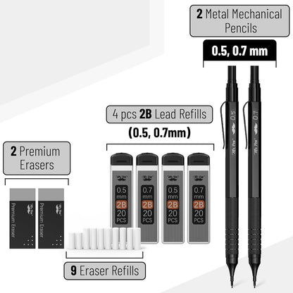 Metal Mechanical Pencil Set, 2 Sizes, 0.5 & 0.7mm, Mechanical Pencils, Sketching Pencils, Drafting Pencil, Mechanical Pencil Metal, Lead Pencils, Drawing Mechanical Pencils