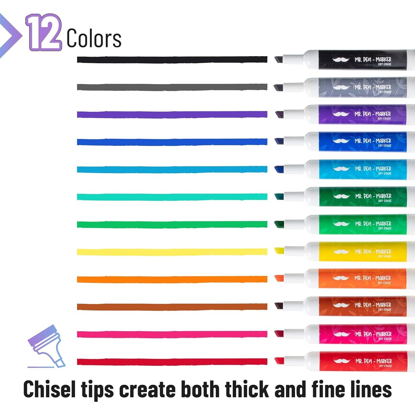 Bulk Dry Erase White Board Markers, 52 Pack, 12 Colors, Chisel Tip