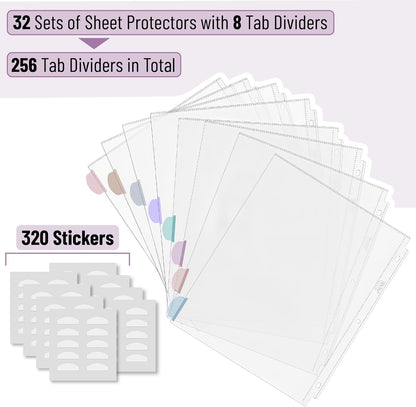 Mr. Pen- Clear Sheet Protectors with Tabs, 8 Tabs, 32 Sets, Clear Plastic Dividers for 3 Ring Binder