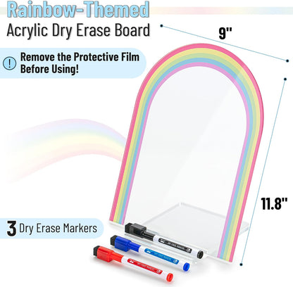 Mr. Pen- Clear Acrylic Board with Stand, 11.8" x 9", 3 Markers, Rainbow Theme, Clear Dry Erase Board for Desk