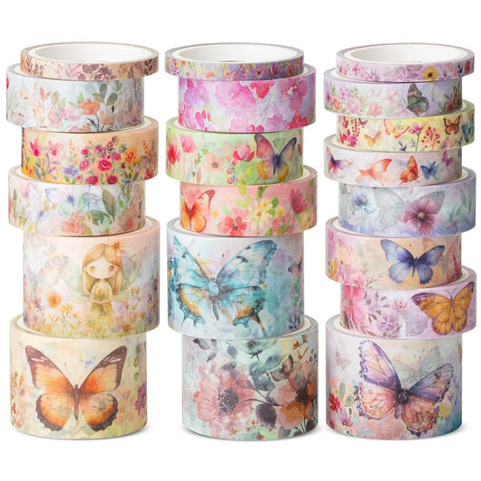 Watercolor Washi Tape Set, 20 Rolls, Butterfly Design, Assorted Sizes
