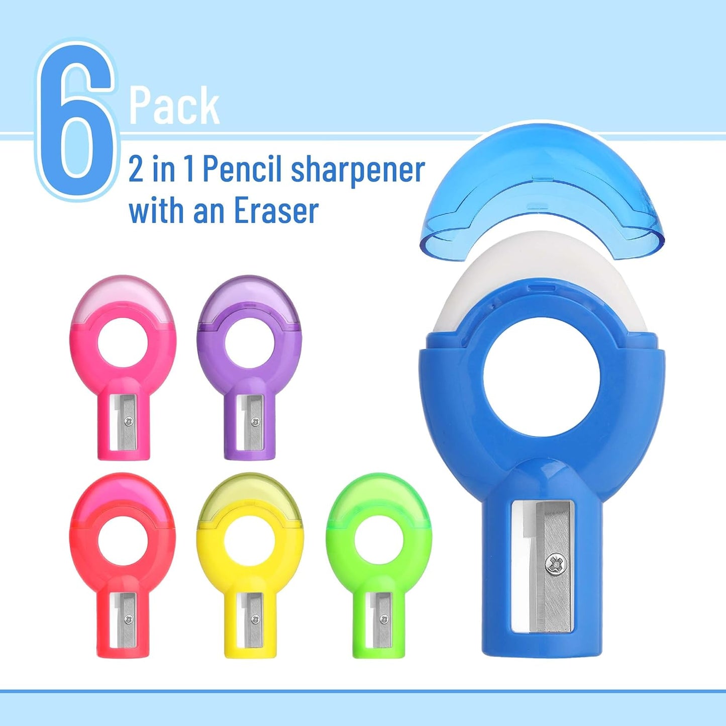 Mr. Pen- Pencil Sharpener & Eraser, 6 Pack, Colored Pencil Sharpener Handheld Pencil Sharpener Small