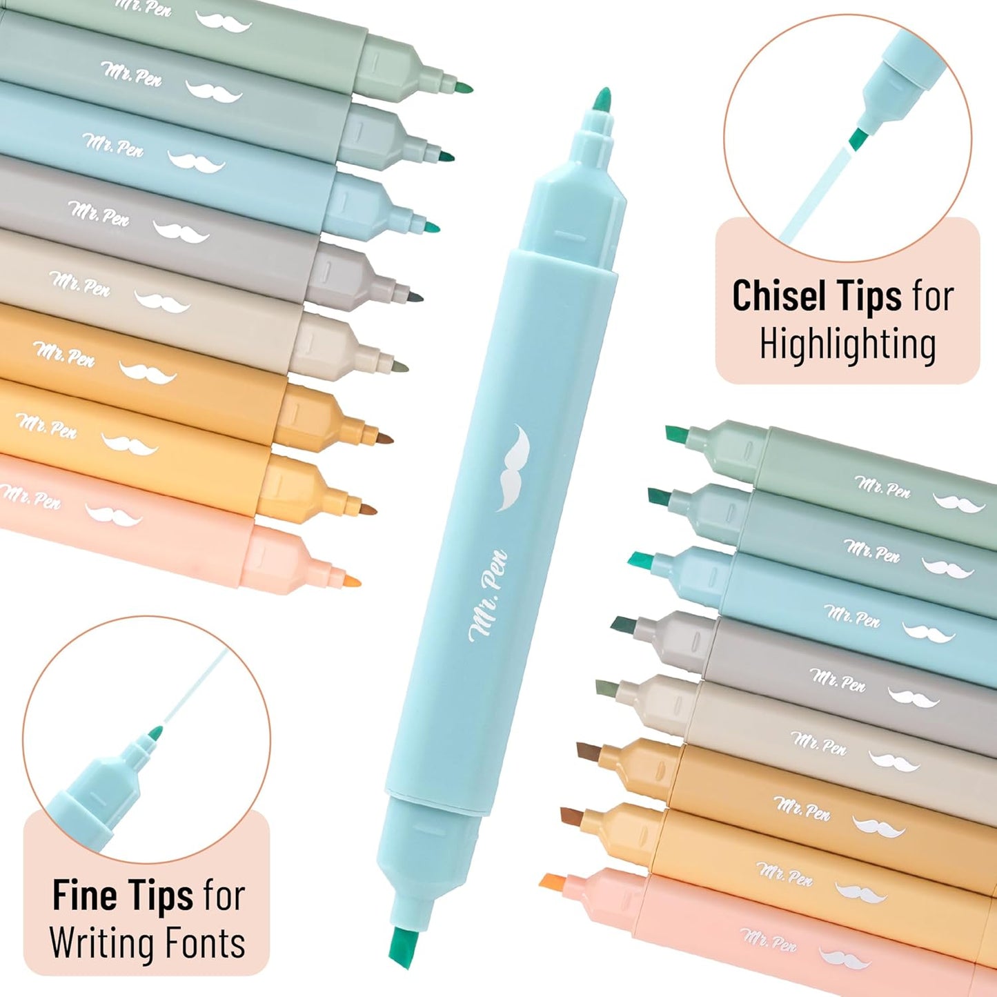 Mr. Pen- Aesthetic Dual Tip Bible Highlighters, No Bleed Through Assorted Color, 8pcs, Cute Highlighter Dual Tip for Journaling Supplies and School Accessories