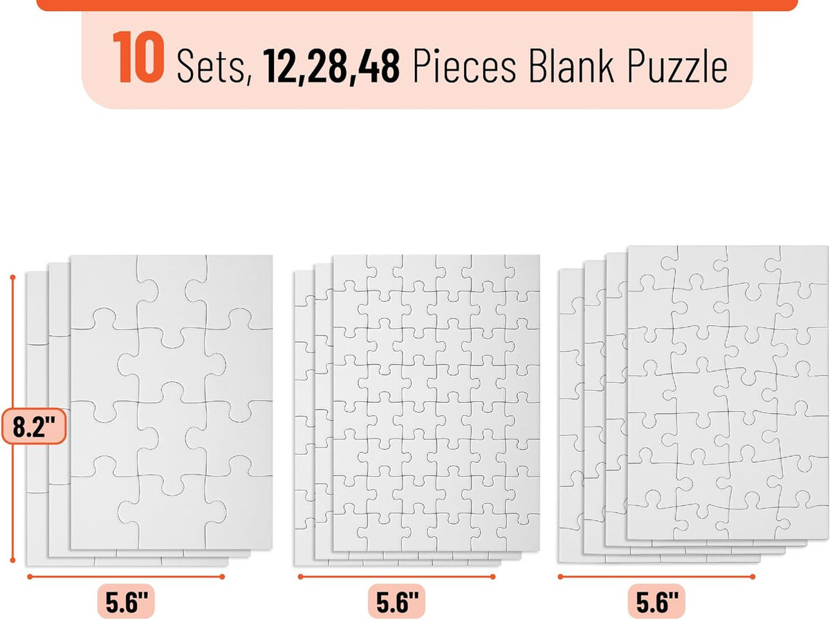 Mr. Pen- Blank Puzzle, 10 Sets, 12/28/48 Pieces/Pack, 8.2" x 5.6", White Puzzle, Blank Puzzles to Draw on