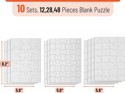 Mr. Pen- Blank Puzzle, 10 Sets, 12/28/48 Pieces/Pack, 8.2" x 5.6", White Puzzle, Blank Puzzles to Draw on